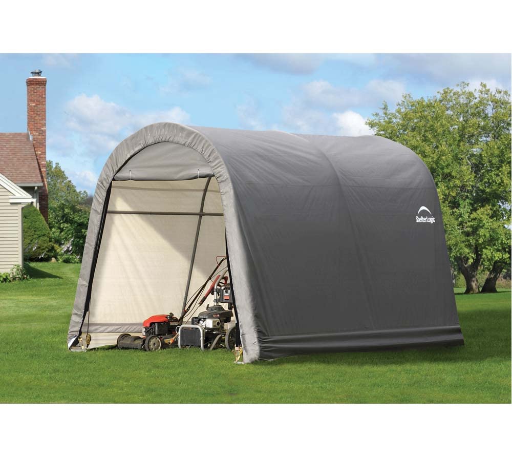 ShelterLogic 10' x 10' Shed-in-a-Box All Season Steel Metal Round Roof Outdoor Storage Shed with Waterproof Cover and Heavy Duty Reusable Auger Anchors, grey - Image 4