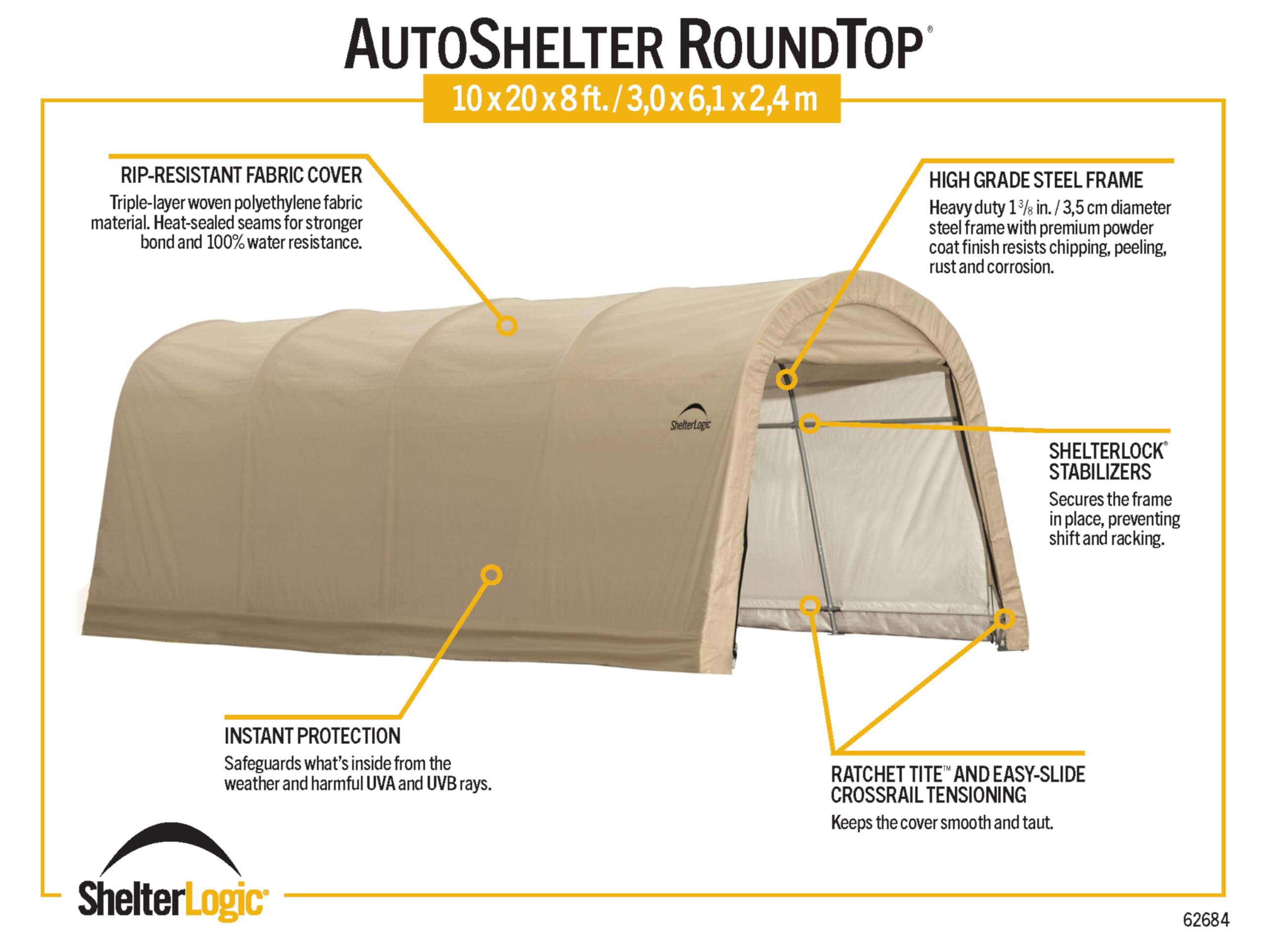 ShelterLogic 10' x 20' x 8' All-Steel Metal Frame Round Style Roof Instant Garage and AutoShelter with Waterproof and UV-Treated Ripstop Cover - Image 8