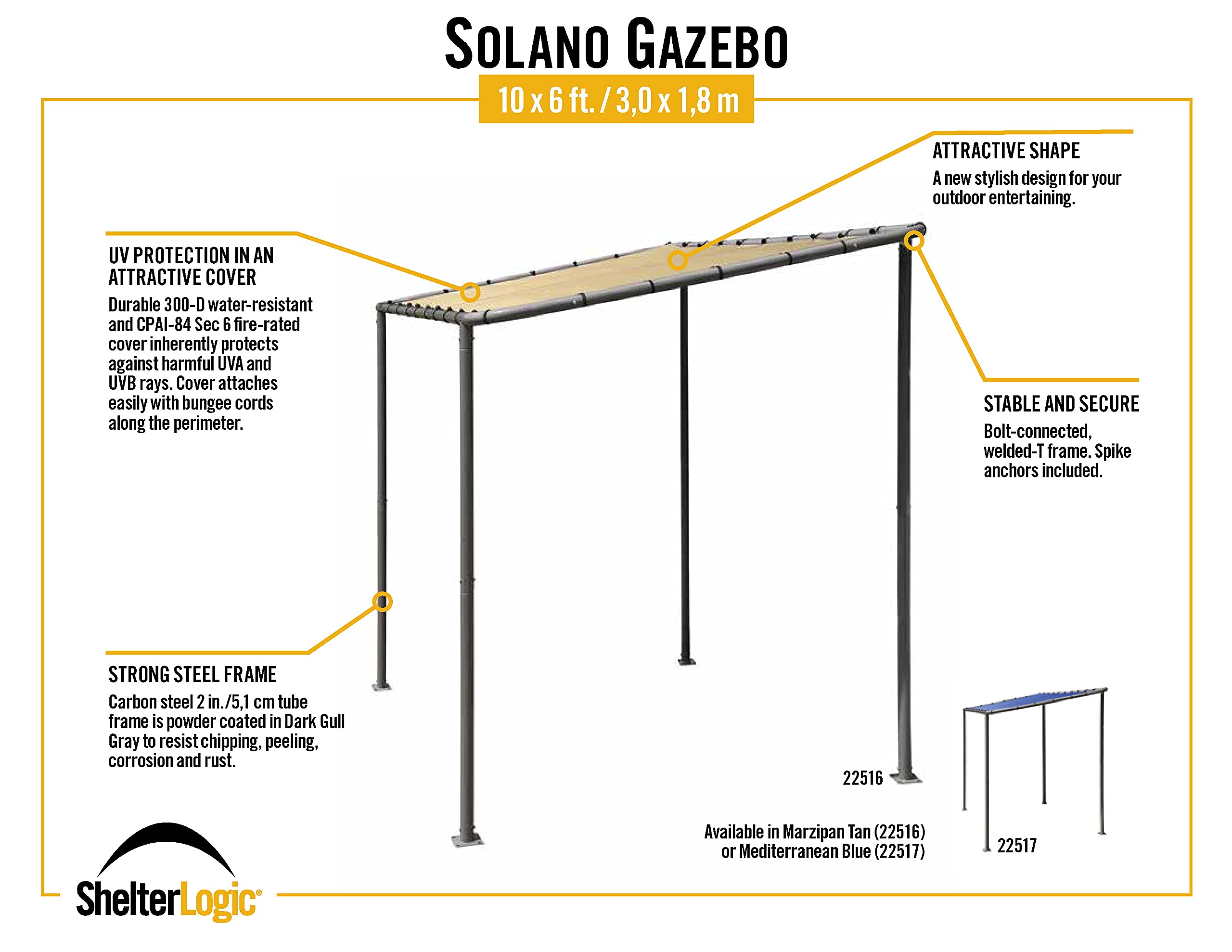 ShelterLogic 10' x 6' Solano Gazebo Canopy Charcoal Carbon Steel Frame and Water-Resistant and Sun Protection Tan Cover - Image 8