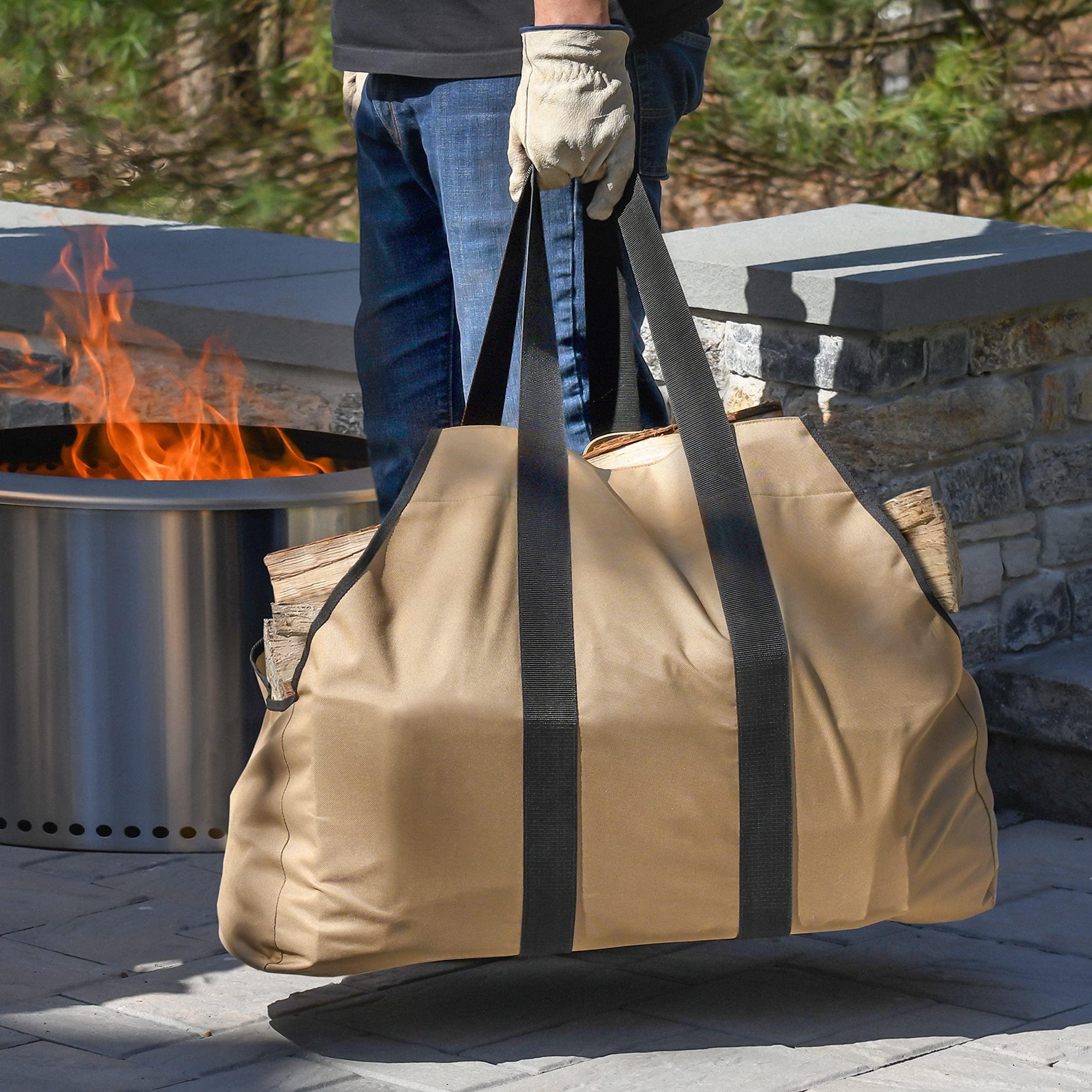 ShelterLogic 31" Heavy-Duty Large Water-Repellent Firewood Log Holder and Carrier Bag, Tan - Image 9
