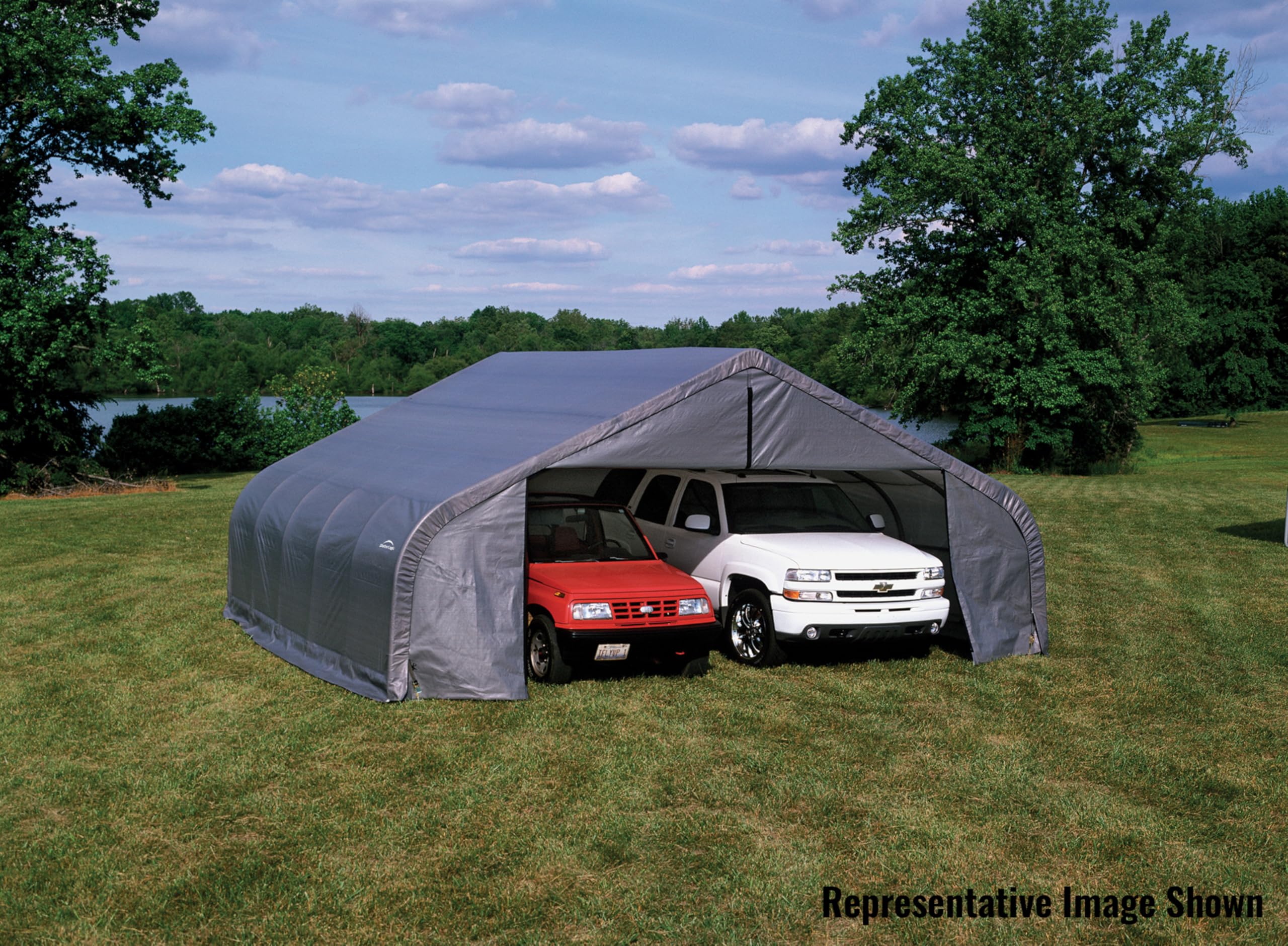 ShelterLogic 9627-OG-4744-O-10410 Peak Style Vehicle Hangar with Cover, Grey/Green - Image 8