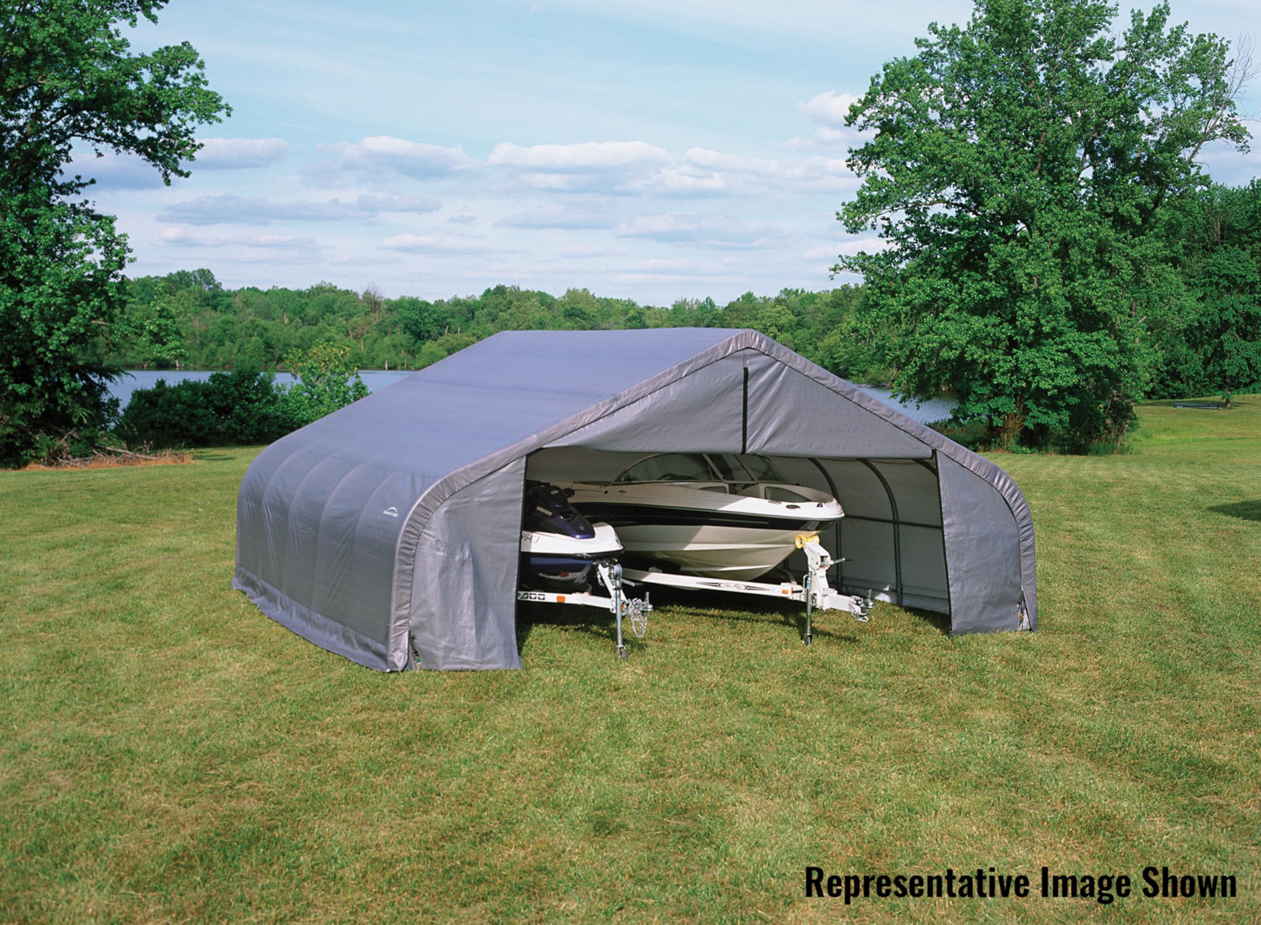 ShelterLogic 9627-OG-4744-O-10410 Peak Style Vehicle Hangar with Cover, Grey/Green - Image 9