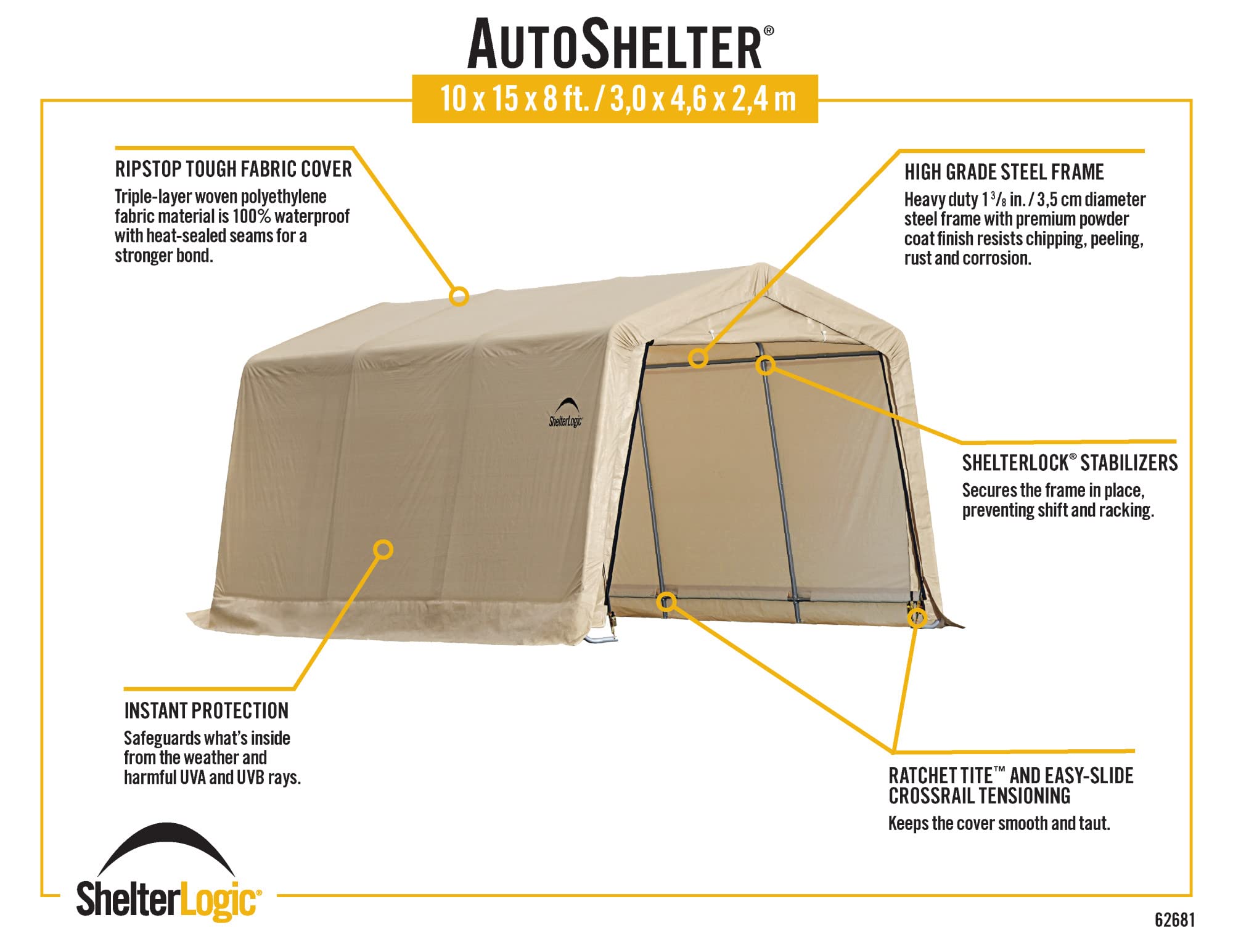 ShelterLogic Peak Style Roof Instant Garage Carport Car Canopy with Steel Frame and Waterproof UV-Treated Cover - Image 8
