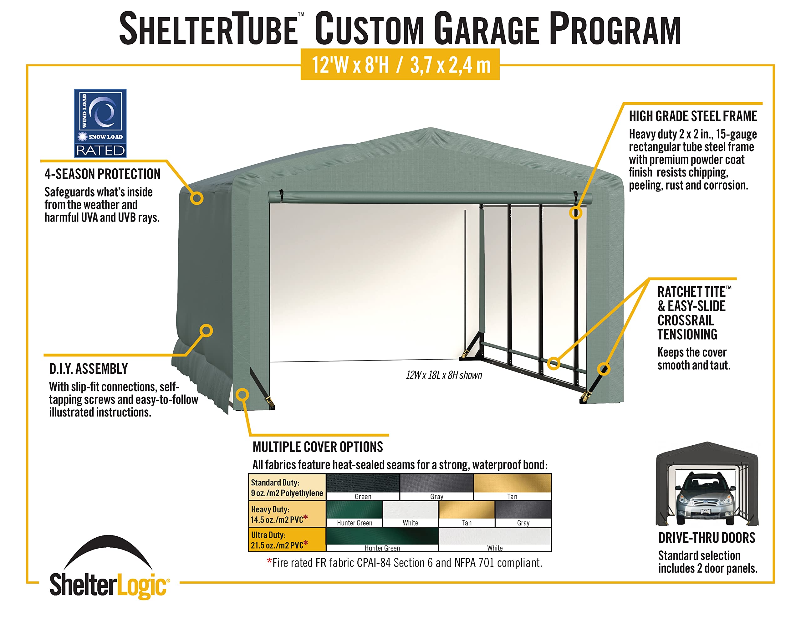ShelterLogic ShelterTube Garage & Storage Shelter, 12' x 18' x 8' Heavy-Duty Steel Frame Wind and Snow-Load Rated Enclosure, Gray - Image 6