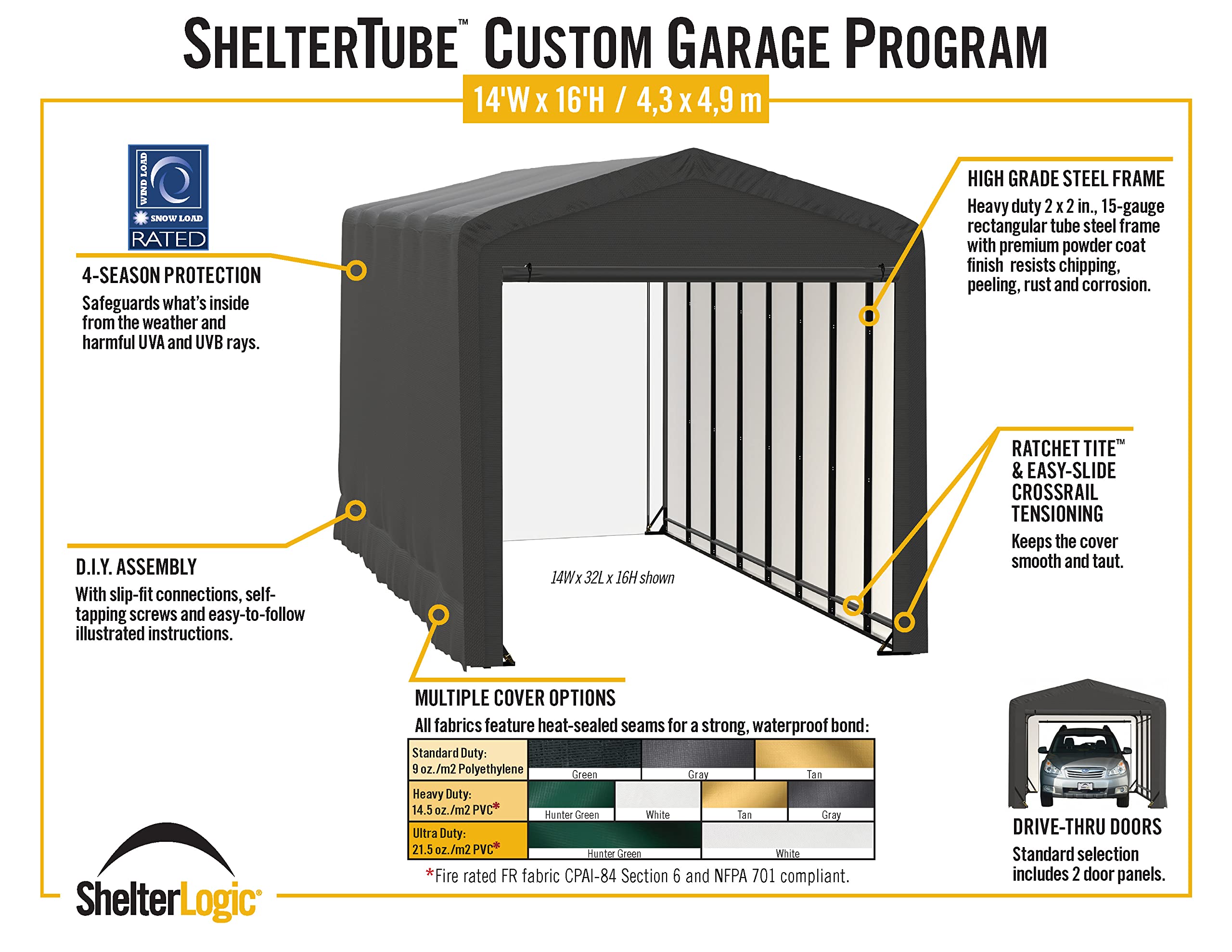 ShelterLogic ShelterTube Garage & Storage Shelter, 14' x 32' x 16' Heavy-Duty Steel Frame Wind and Snow-Load Rated Enclosure, Green - Image 6