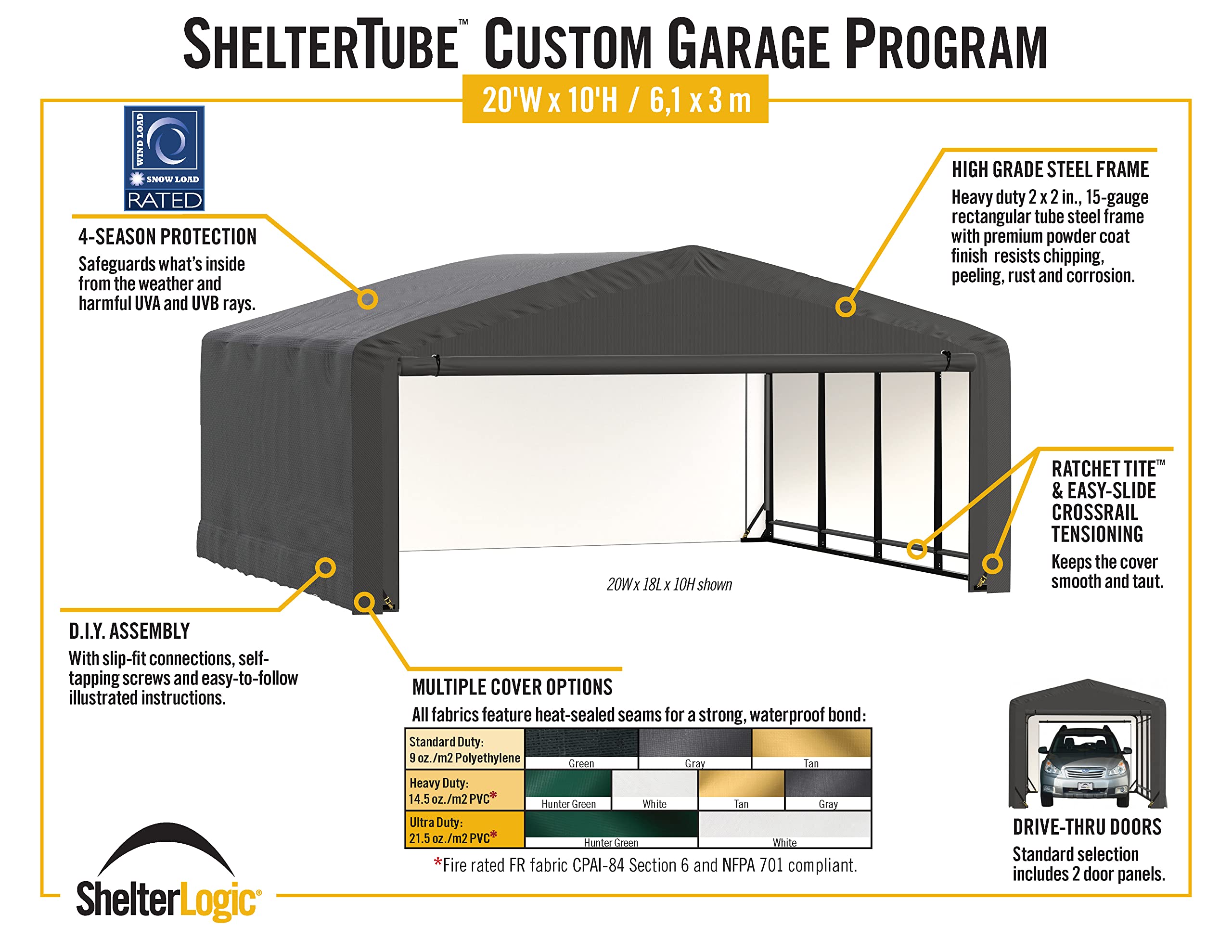 ShelterLogic ShelterTube Garage & Storage Shelter, 20' x 23' x 10' Heavy-Duty Steel Frame Wind and Snow-Load Rated Enclosure, Gray - Image 6