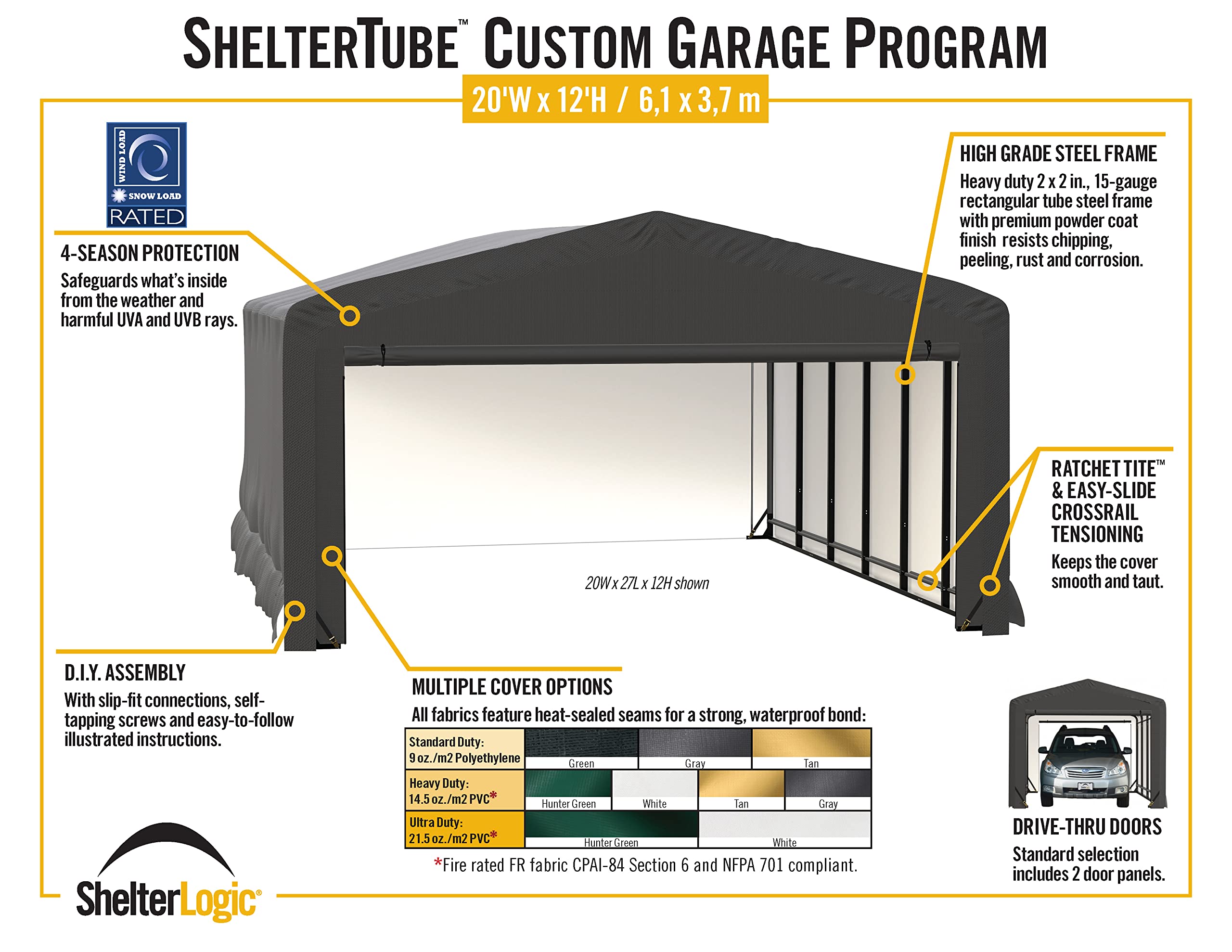 ShelterLogic ShelterTube Garage & Storage Shelter, 20' x 32' x 12' Heavy-Duty Steel Frame Wind and Snow-Load Rated Enclosure, Green - Image 6